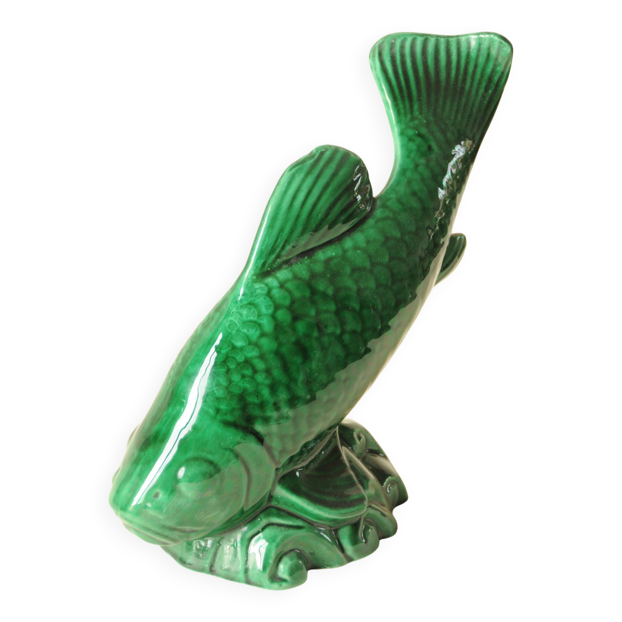 Vintage Green Decorative Fish Sculpture Art Deco Saint Clément Ceramic