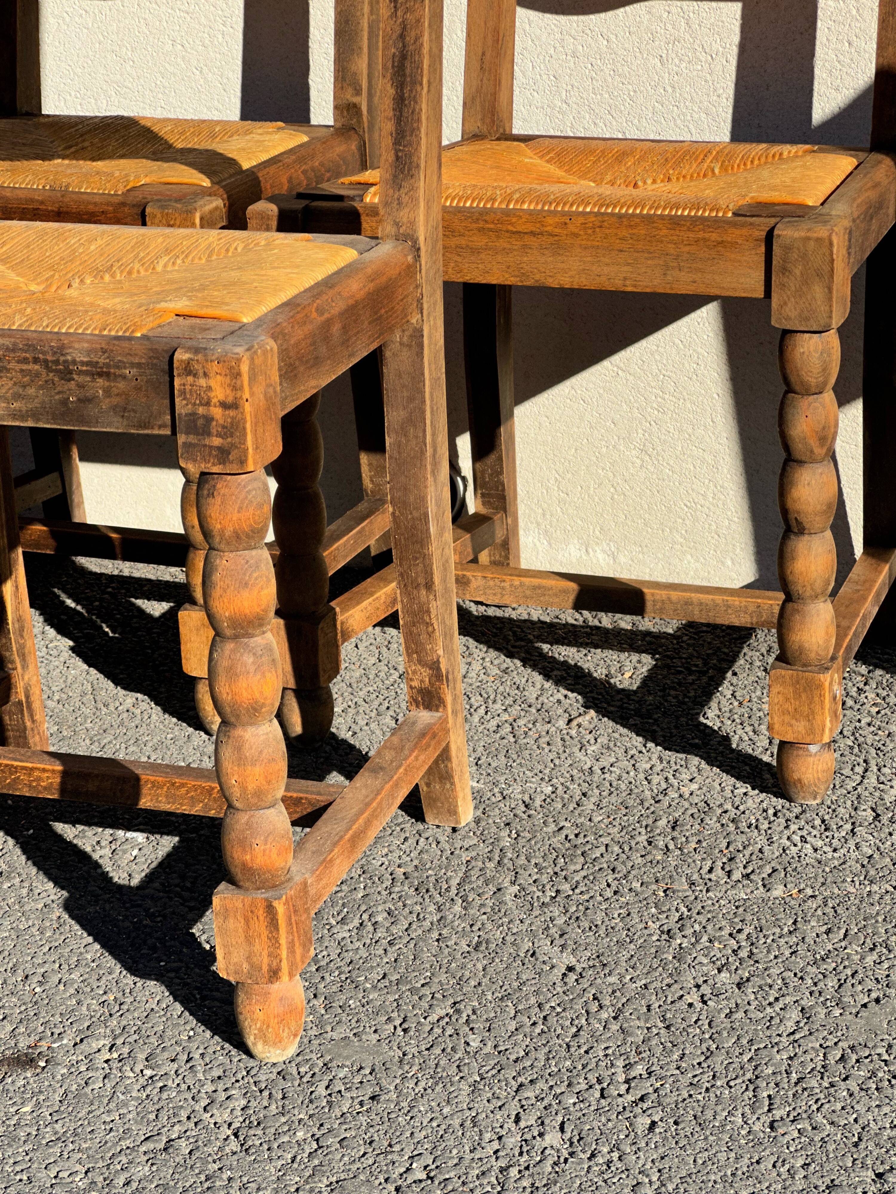 6 rustic style chairs, wood and straw, 1940