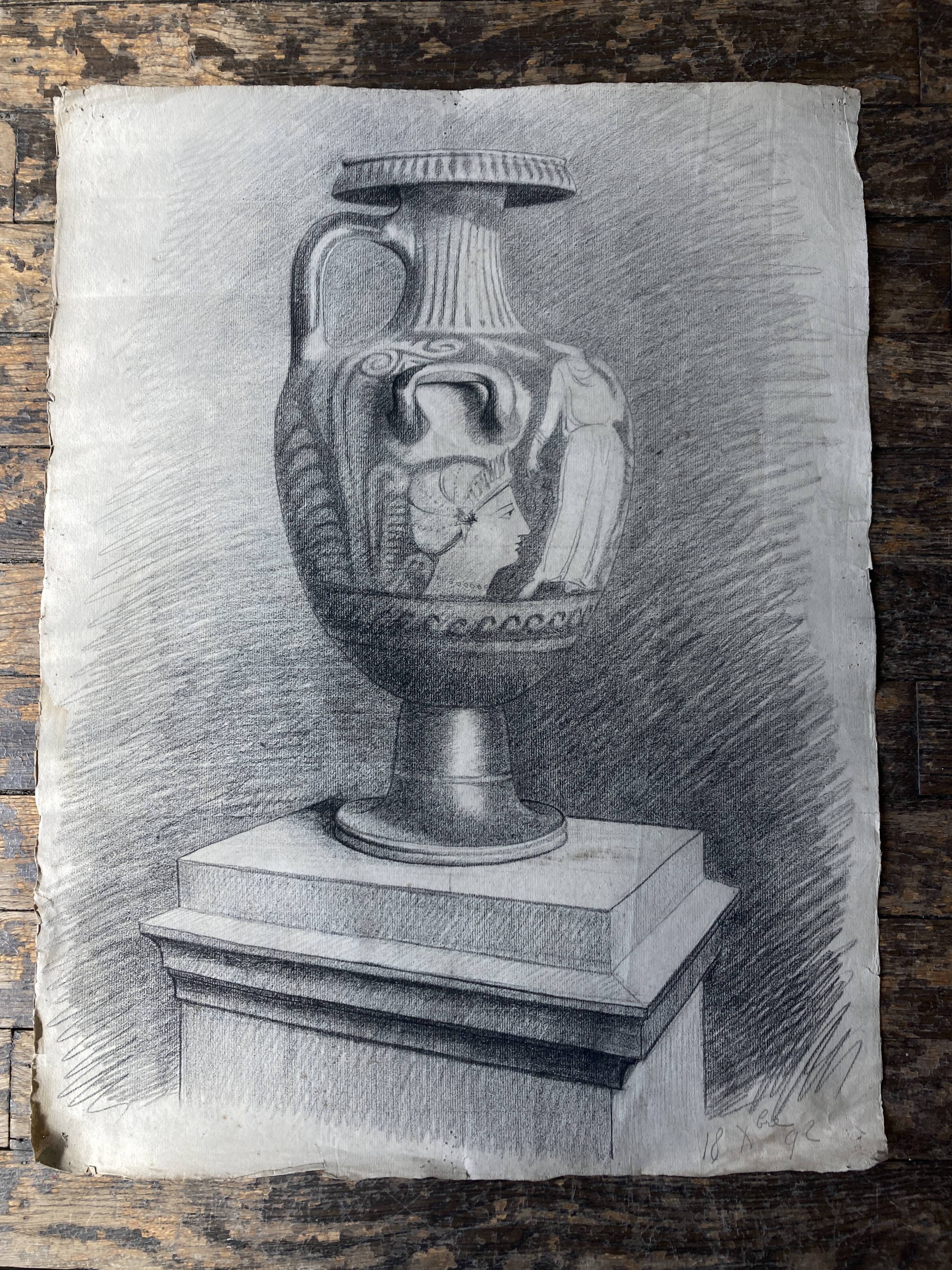 Neoclassical Greek amphora workshop study in charcoal 1892