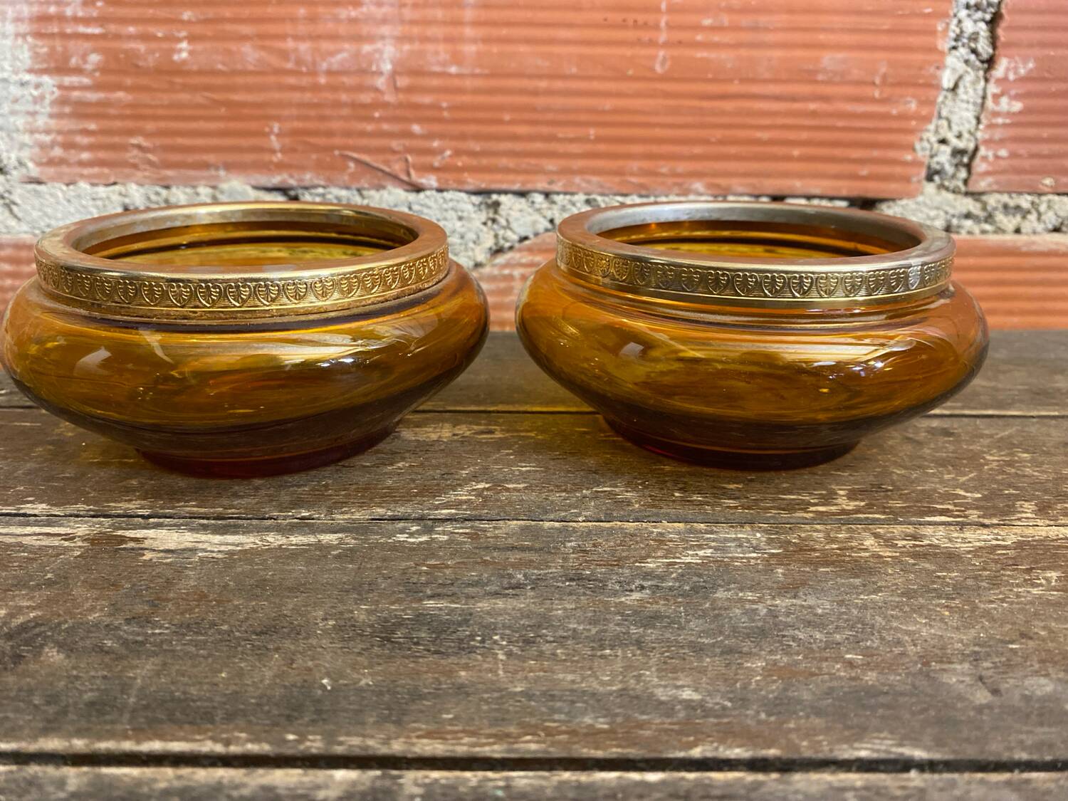 Salad bowl + 2 Antique AMBRINE Bowls Amber Glass + Gold Bronze Mounting