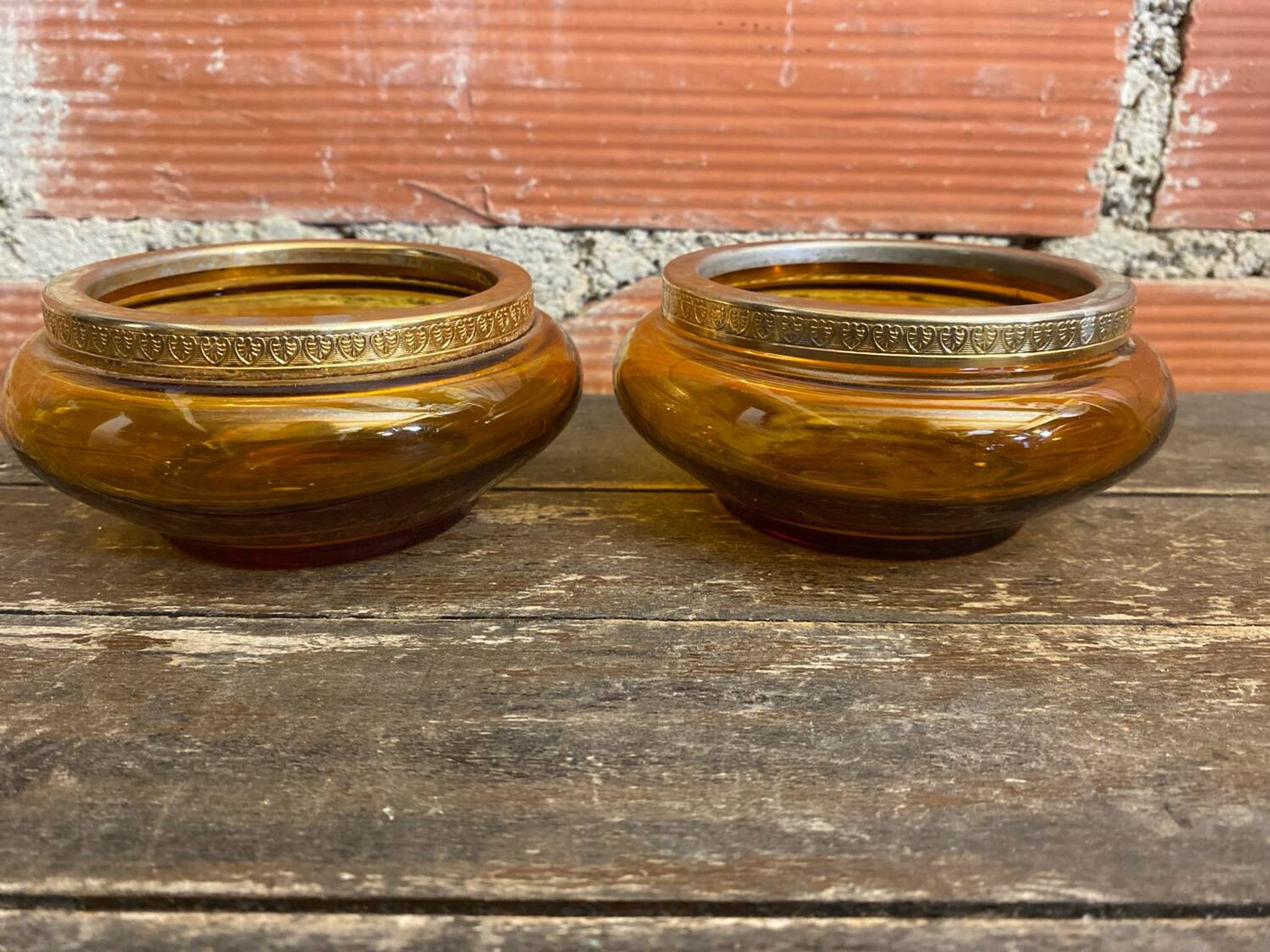 Salad bowl + 2 Antique AMBRINE Bowls Amber Glass + Gold Bronze Mounting