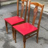 6 Art Deco dining chairs in solid wood and burgundy leather, 1950s
