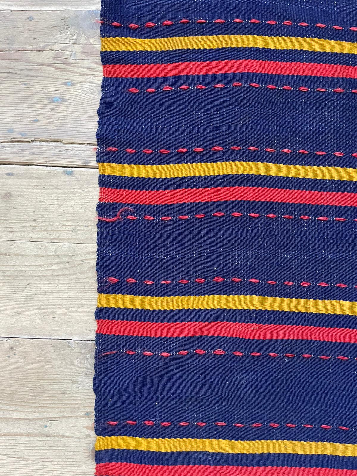 Romanian rug handwoven in wool, purple background with red and yellow stripes 183x133cm