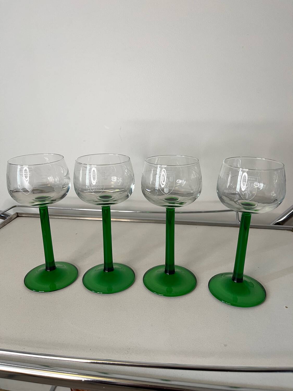 Set of 4 antique Alsace wine glasses, green stem and engraved decoration