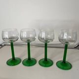 Set of 4 antique Alsace wine glasses, green stem and engraved decoration