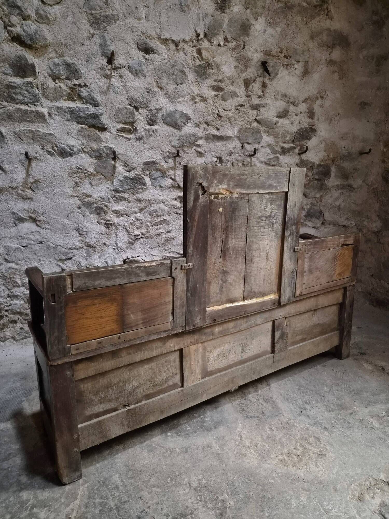 Old French popular art bench from Auvergne, circa 1800–1850