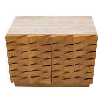Sculpted Oak Italian Sideboard with Travertine Top