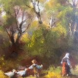 HSP painting "Landscape with shepherdess and child with geese" signed 20th century