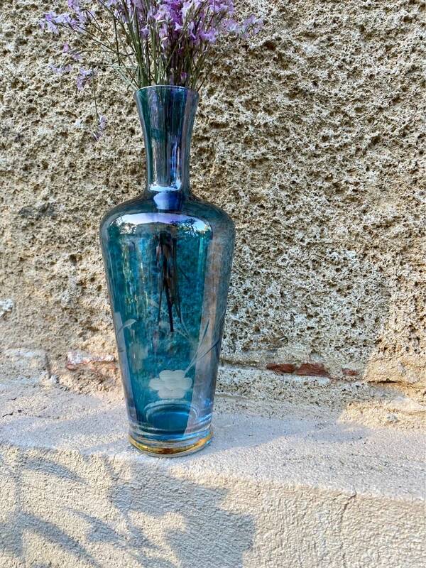 Vintage engraved blue vase