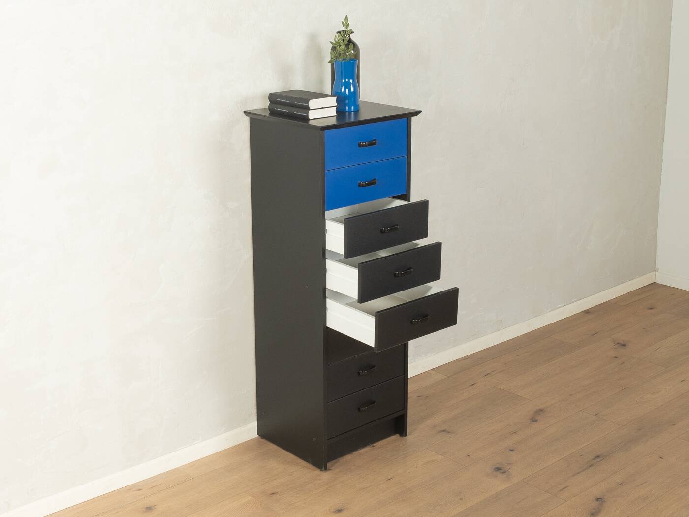 Commode postmoderne des années 1980, noire et bleue, vintage