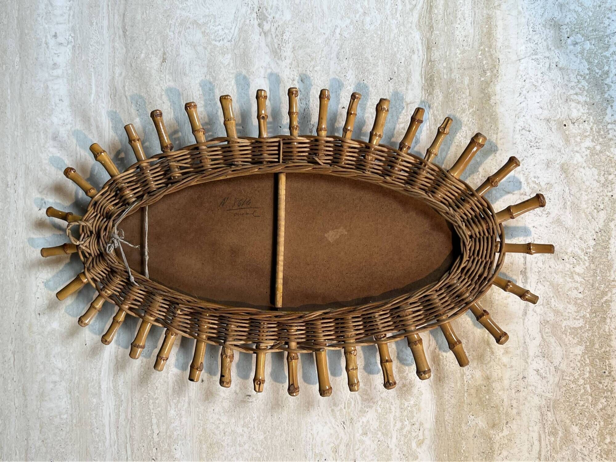 Oval Mirror in Rattan. Woven Willow and Bamboo. French Work from the Riviera.