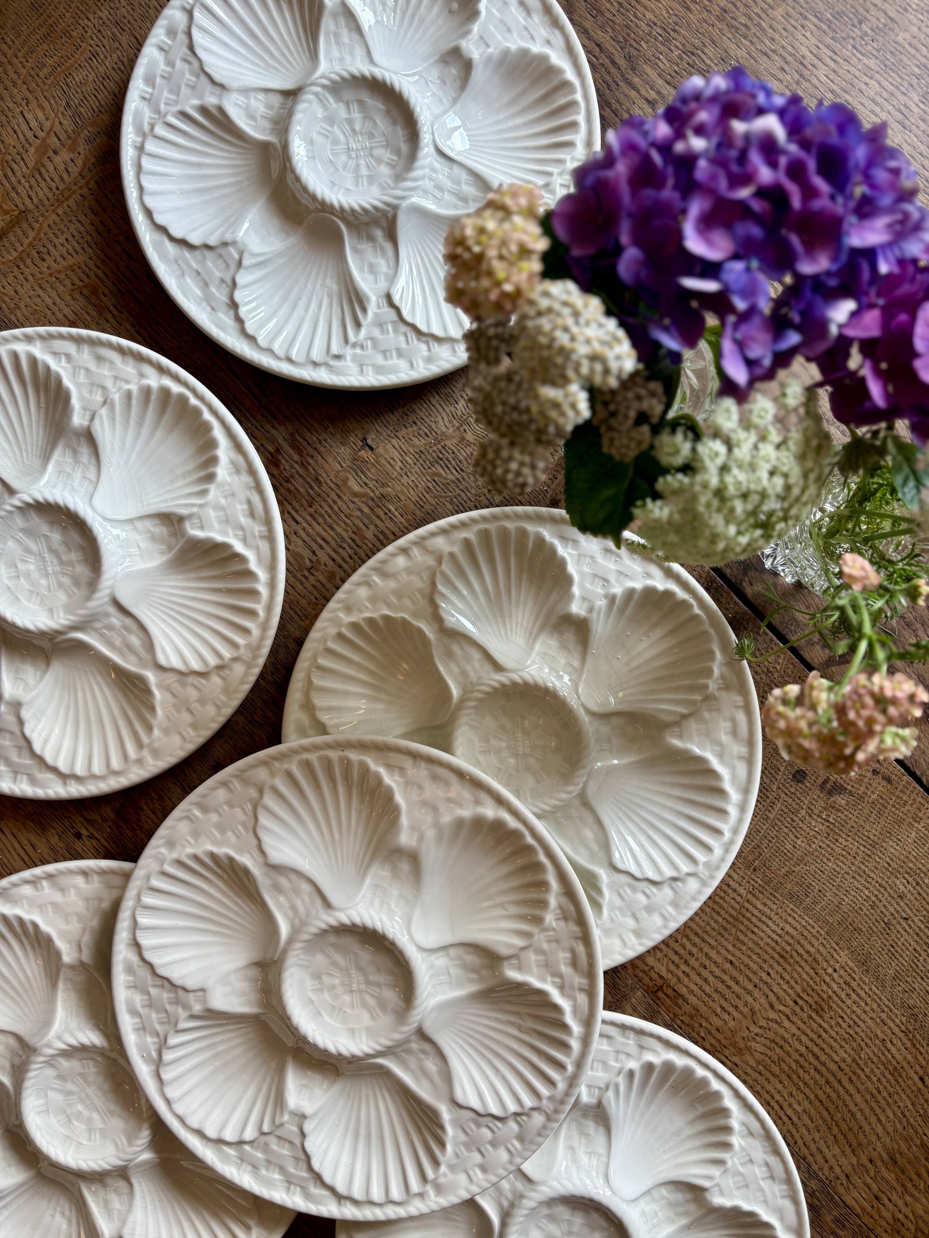 Lot de 6 assiettes à huîtres vintage en céramique blanche - Longchamp