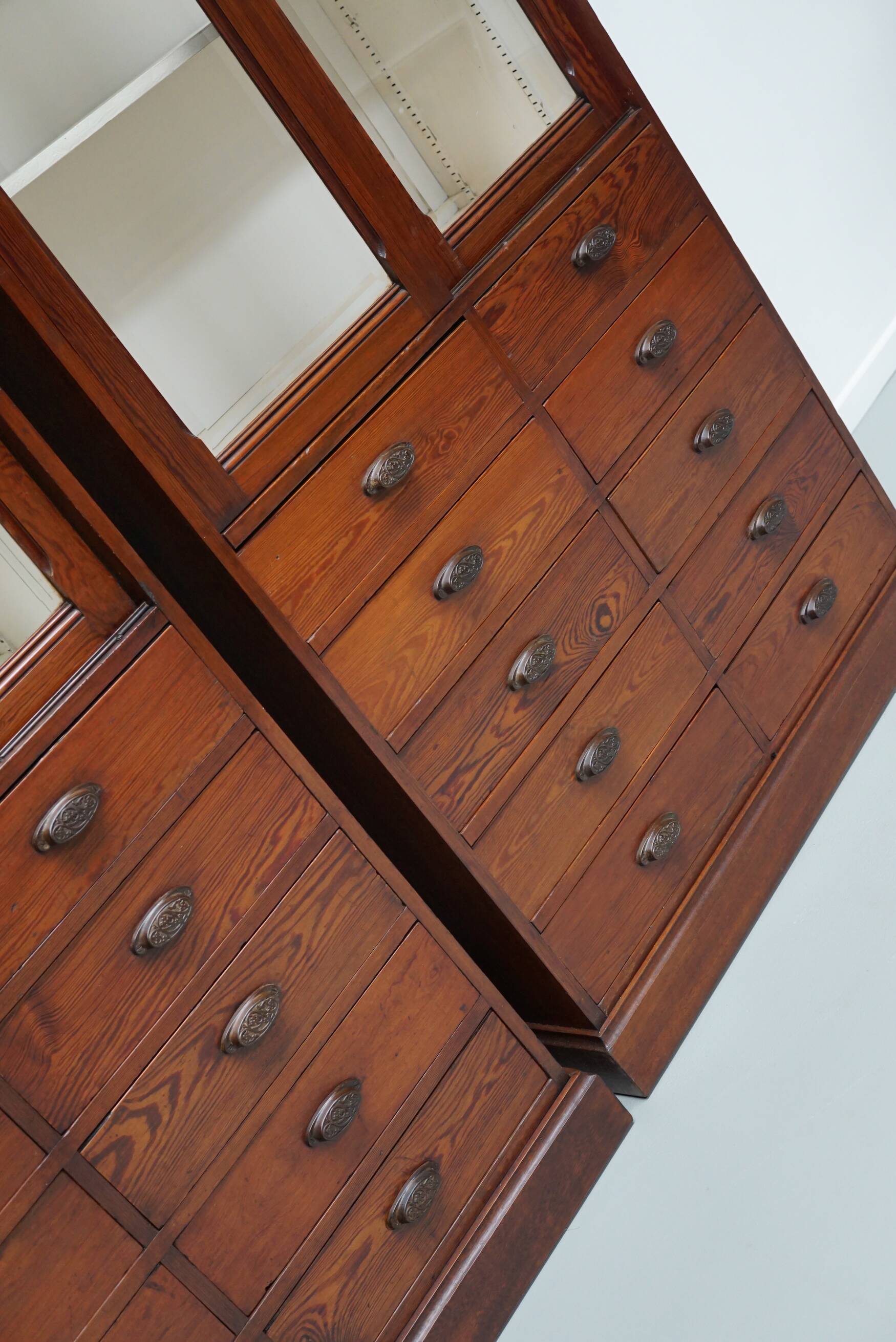 Large Antique Belgian Pitch Pine Apothecary Shop Cabinet / Vitrine, ca 1900