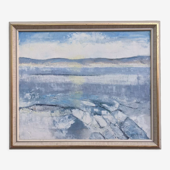 Vintage mid century framed oil painting, abstract coastal landscape - icy winter