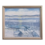 Vintage mid century framed oil painting, abstract coastal landscape - icy winter