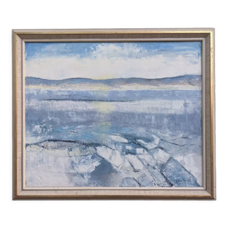 Vintage mid century framed oil painting, abstract coastal landscape - icy winter