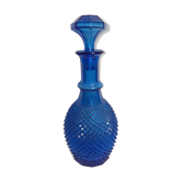 Old molded glass decanter bottle blue geometric shape + cap