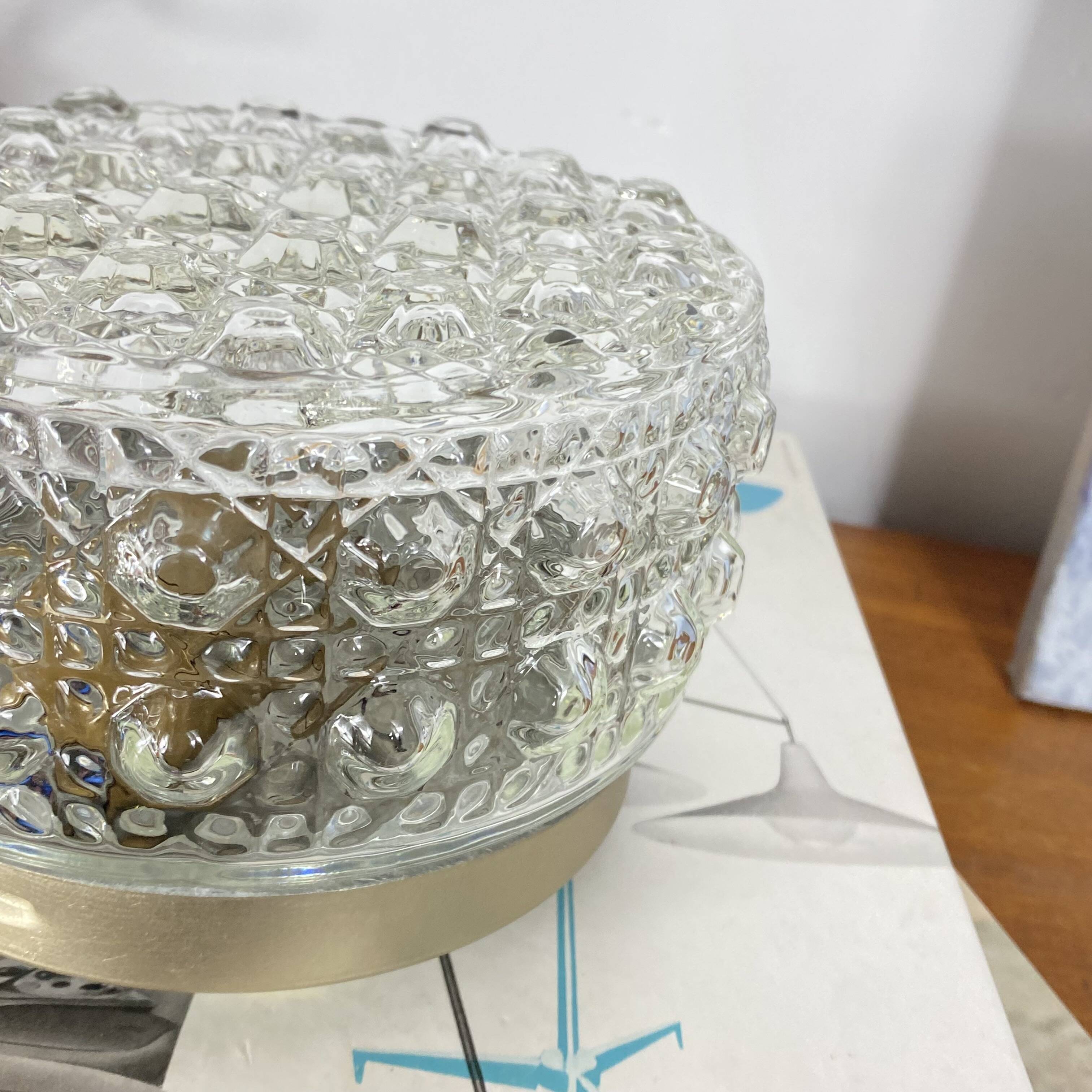 Small round wall light ceiling fixture in glass vintage diamond point.