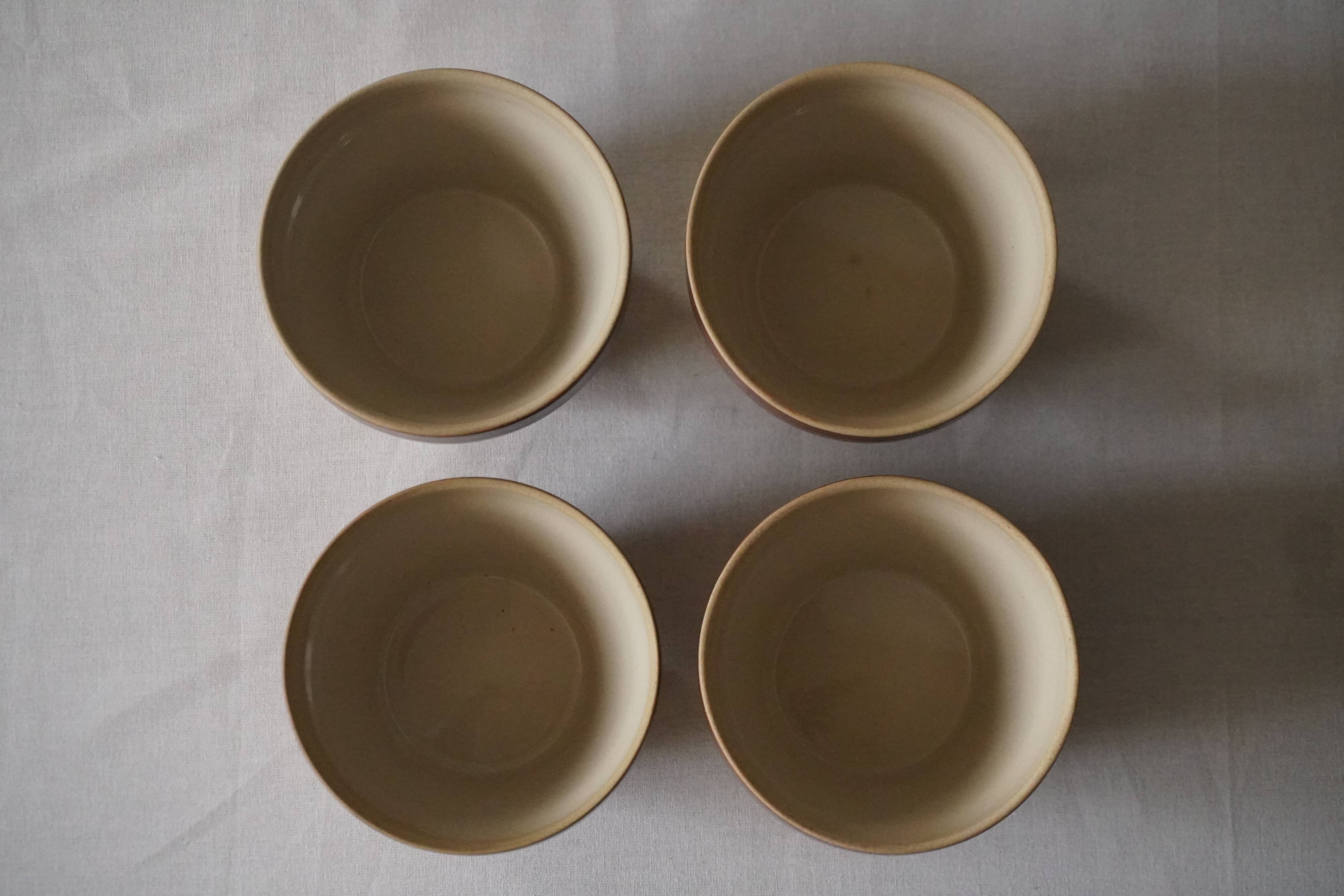 Set of 4 small stoneware bowls, beige and brown, Digoin France