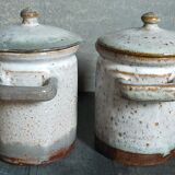 Duo of potter's pots covered in vintage glazed stoneware