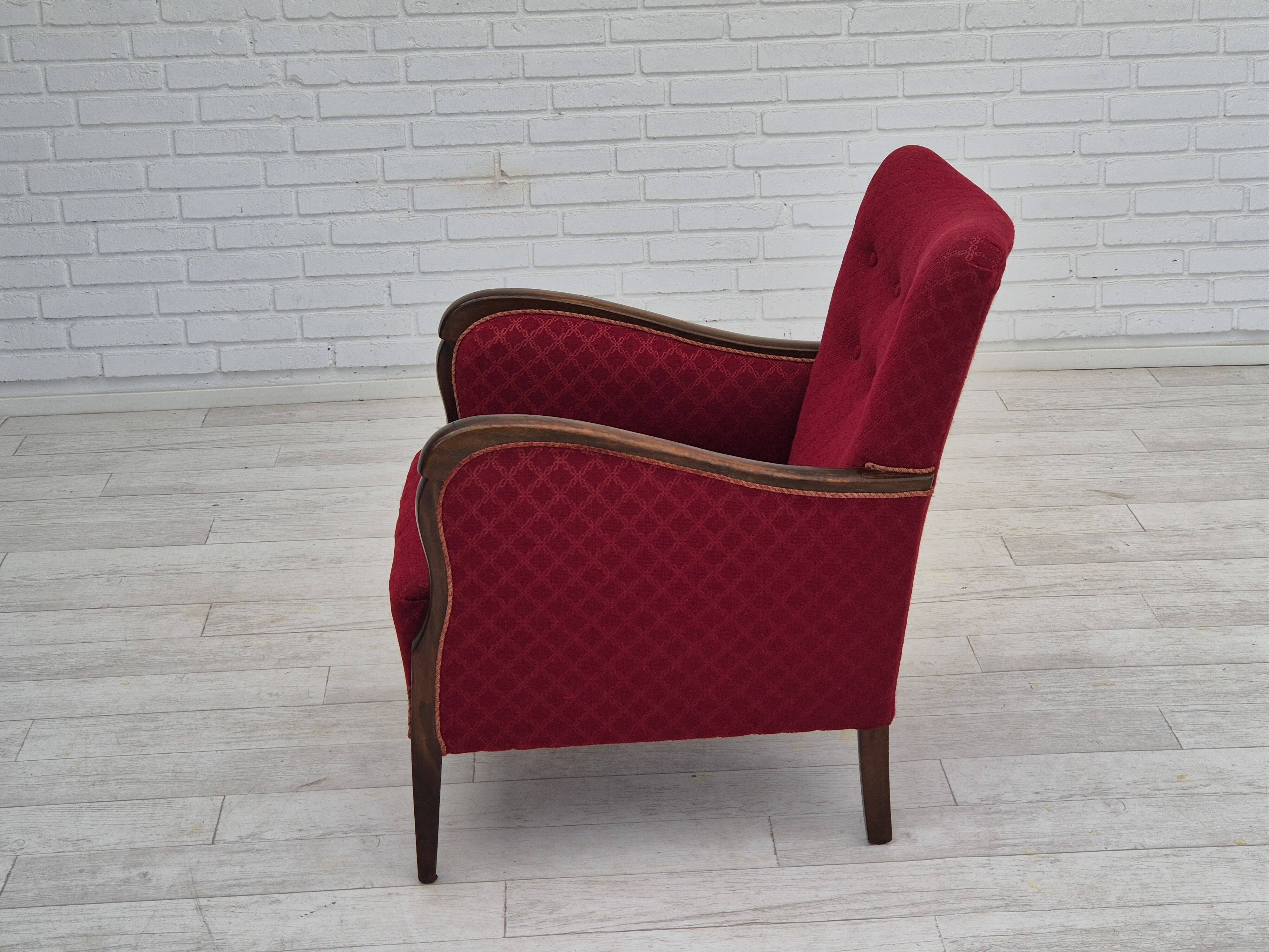 1950s, Danish design, armchair, original condition, red cotton-wool fabric.