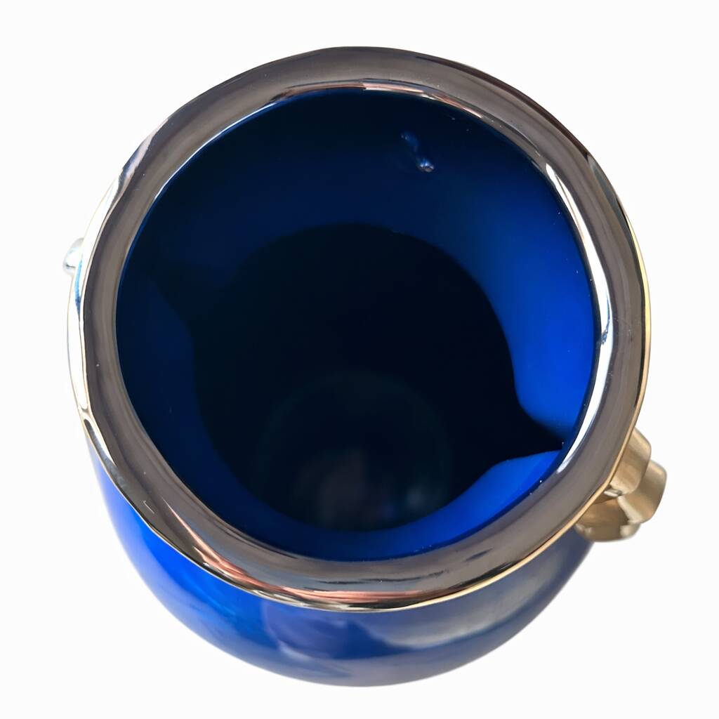 Belgian Art Deco blue vase with metallic lustre, stepped handles, 1930s