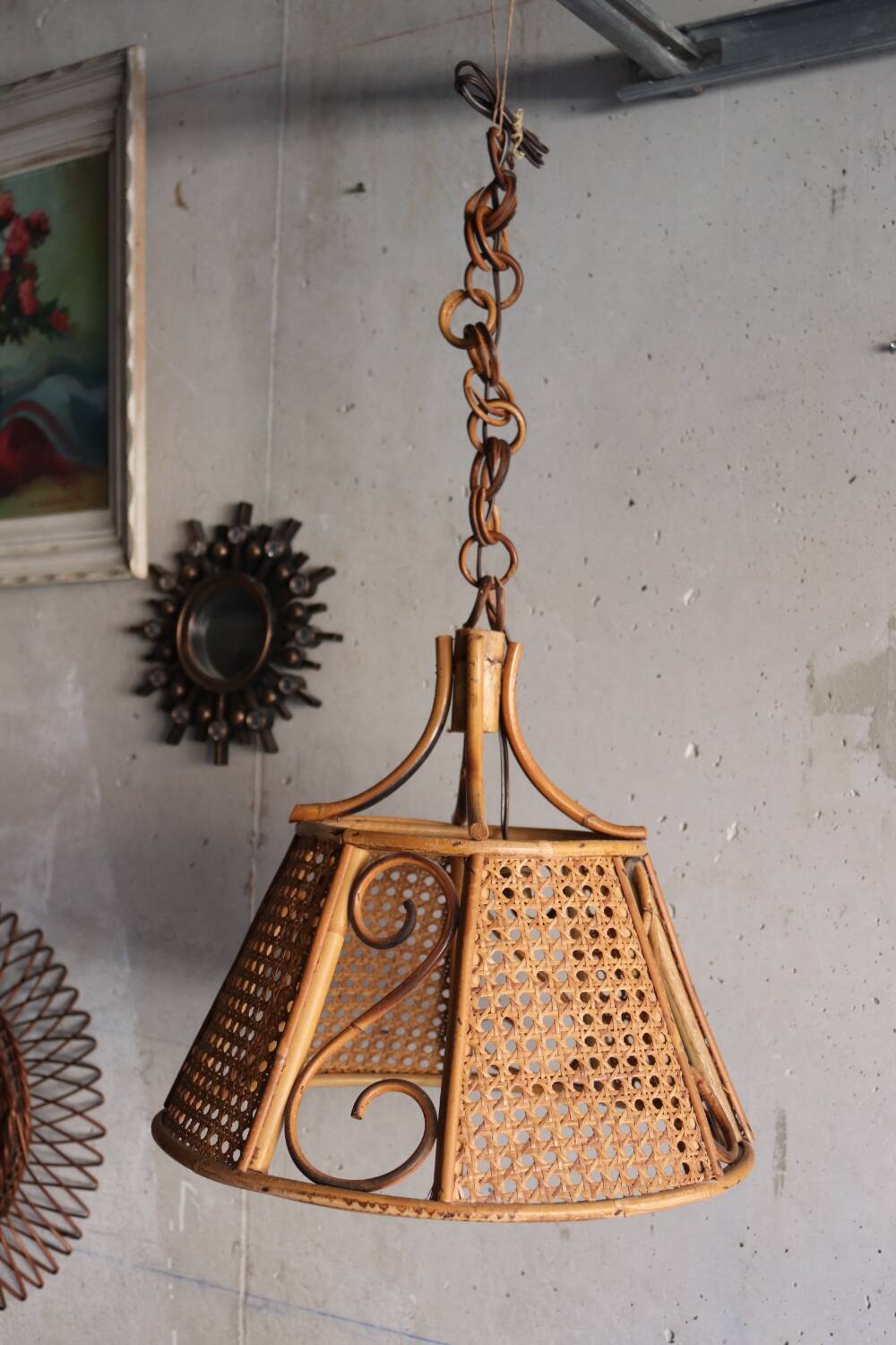 Lustre en rotin et cannage vintage