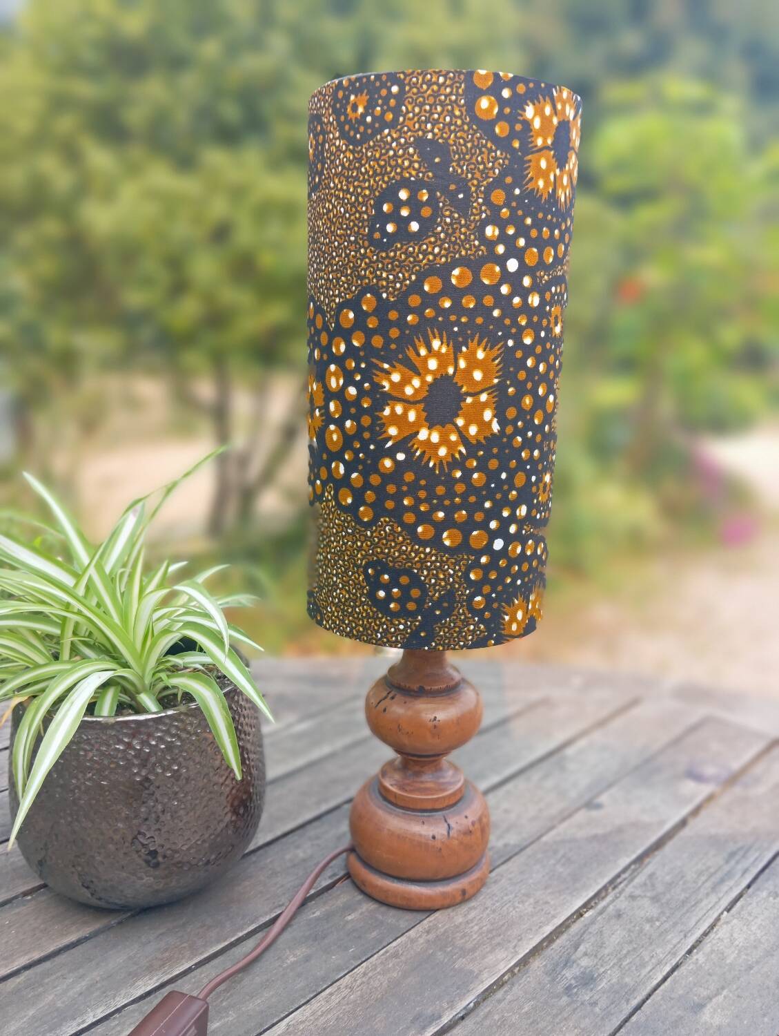 Vintage turned wood table lamp, ethnic chic wax drum lampshade