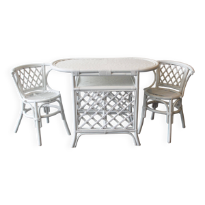 Ensemble table et chaises - rotin blanc