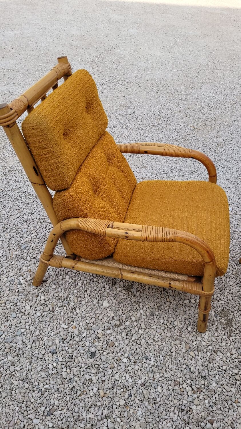 Salon canapé, 2 fauteuils et table basse en rotin vintage fabrication 1950