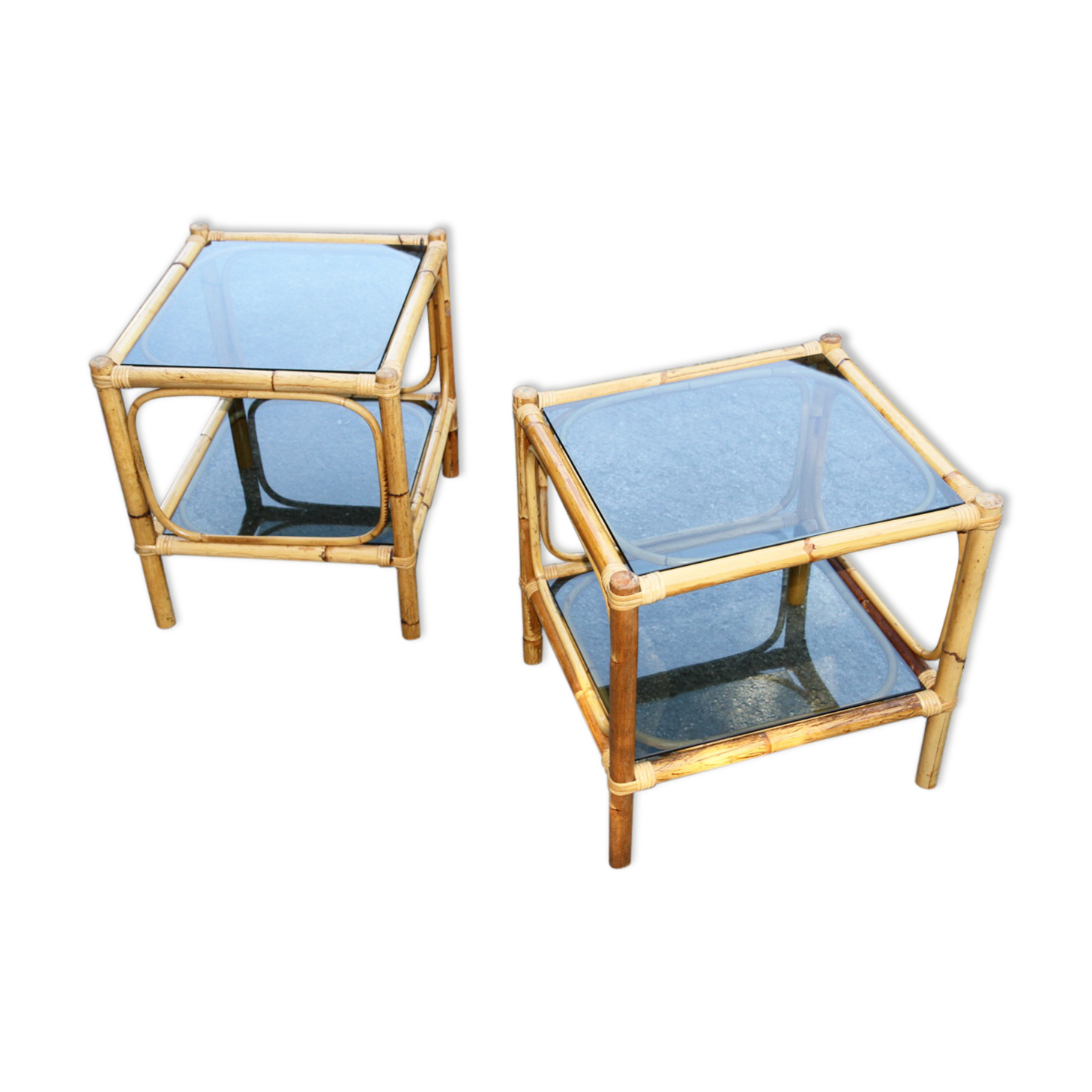 Pair of bamboo and smoked glass vintage bedside tables