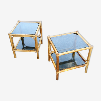 Pair of bamboo and smoked glass vintage bedside tables