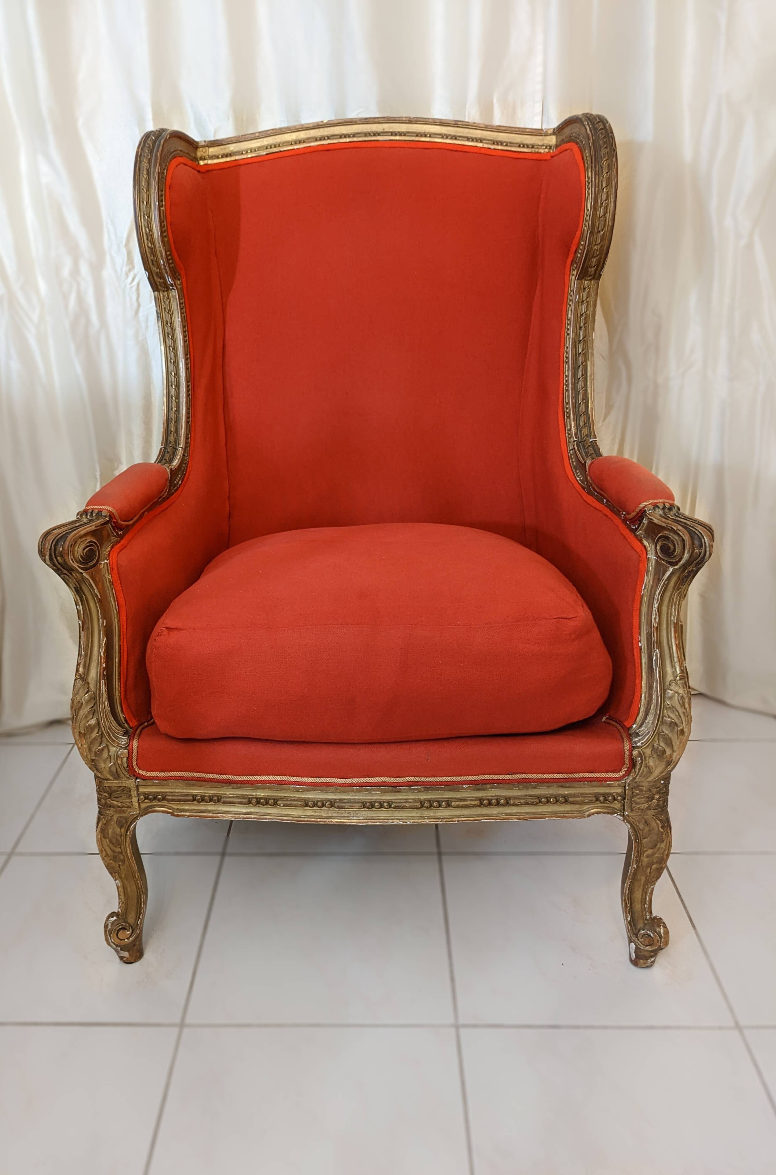 Wingback armchair in carved gilded wood signed Maison Dienst Paris 19th century