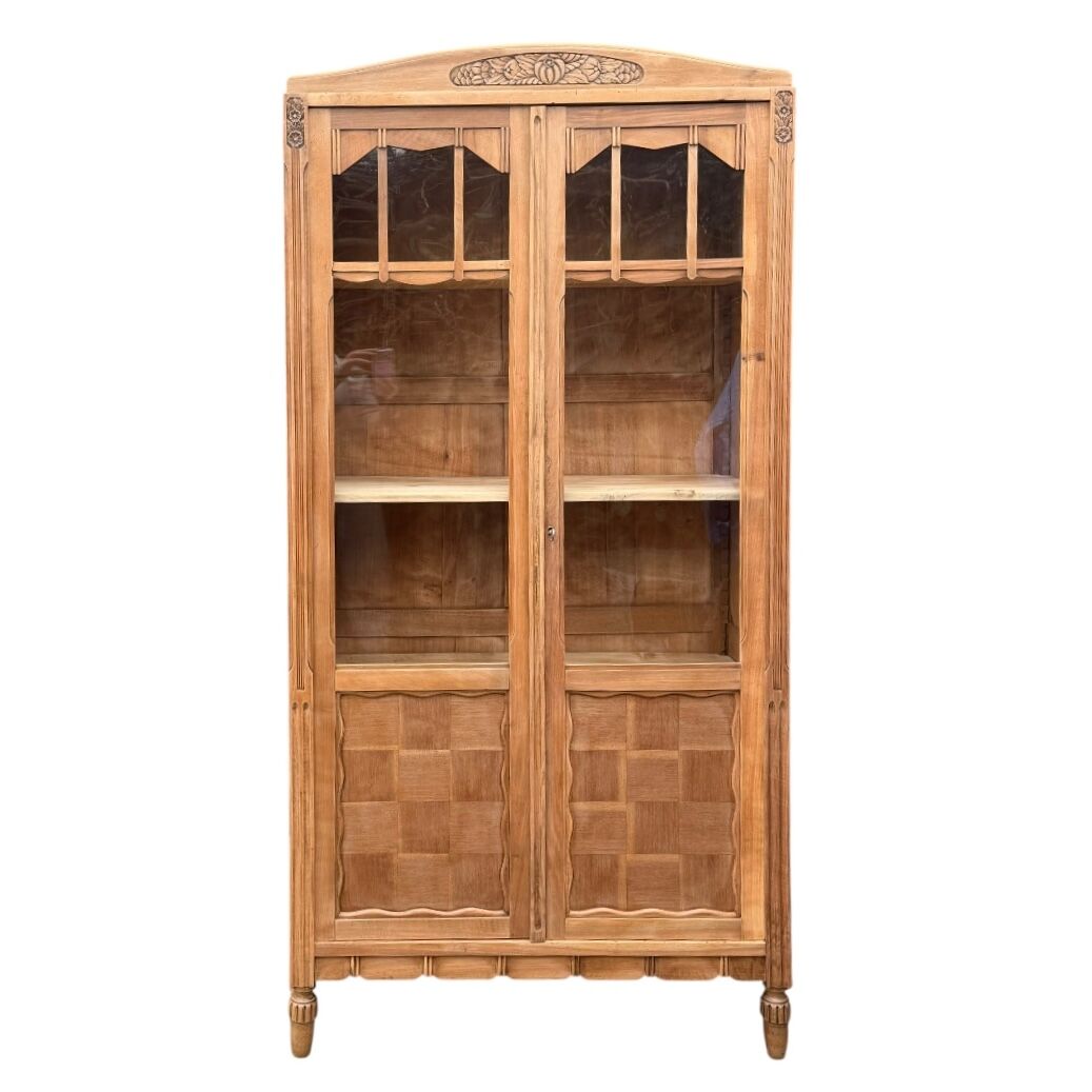 Parisian glass-fronted Art Deco wardrobe in solid raw walnut.