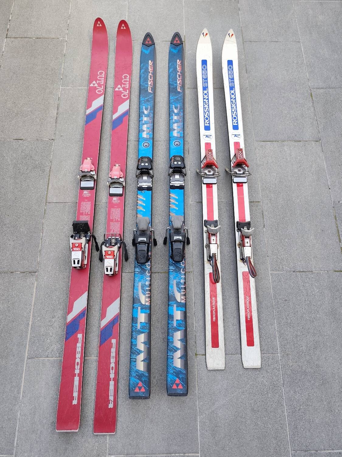 3 pairs of vintage skis: Rossignol Strato, ST 650 & Fischer.