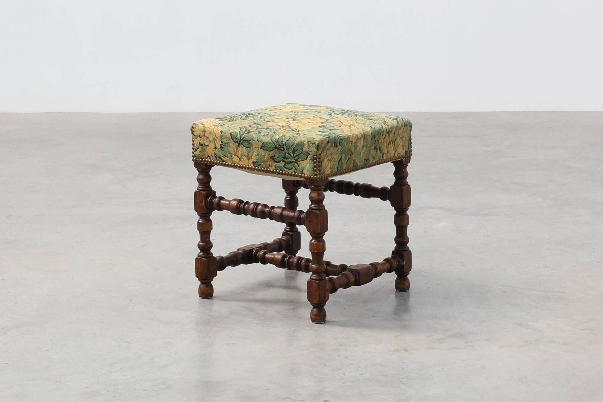 Louis XIII‑Style Walnut Stool with Floral Tapestry Seat, France, circa 1840