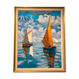 Tableau ancien, Marine datée 1968 et monogrammée LW