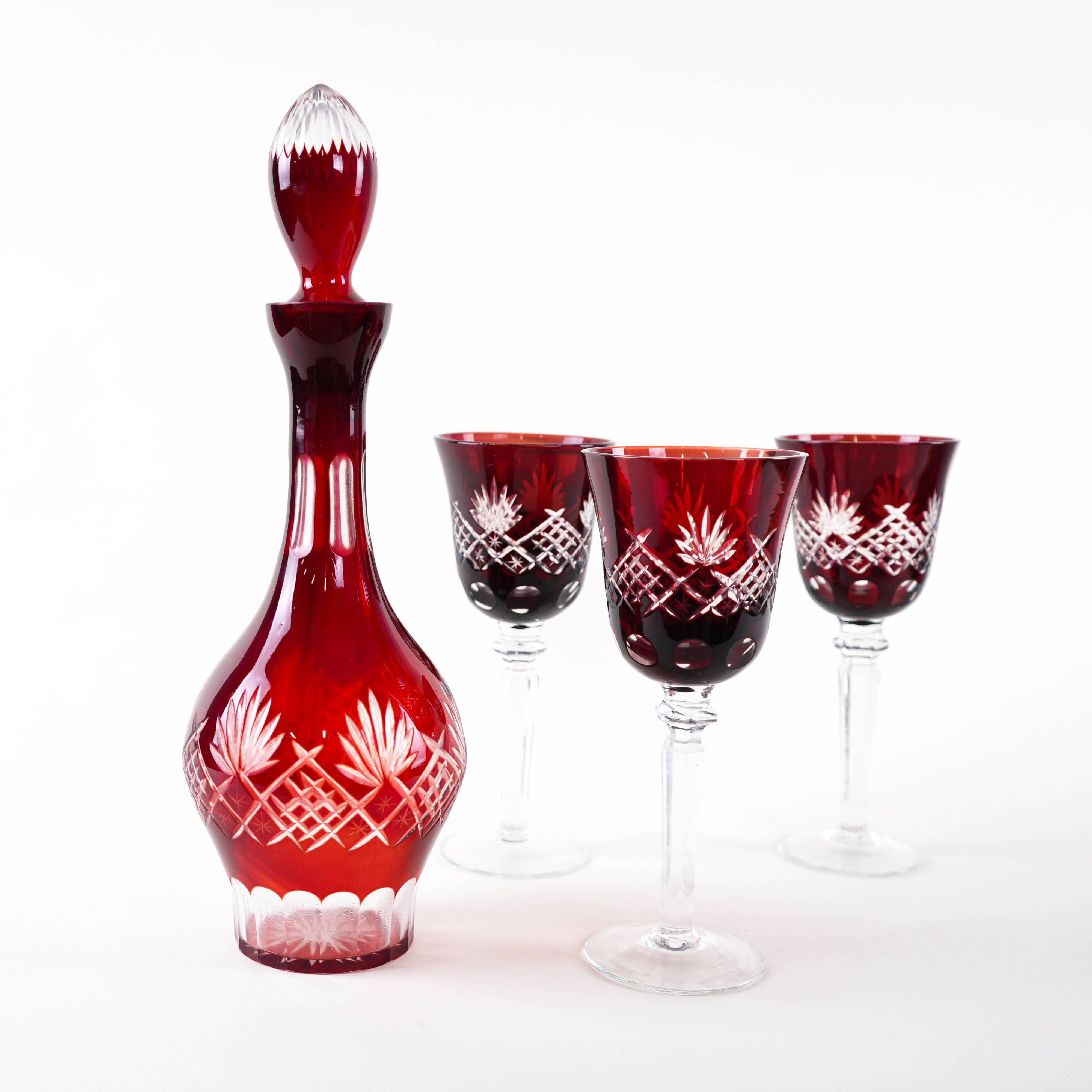 Crystal carafe with glasses in burgundy, European Art Deco style barware set