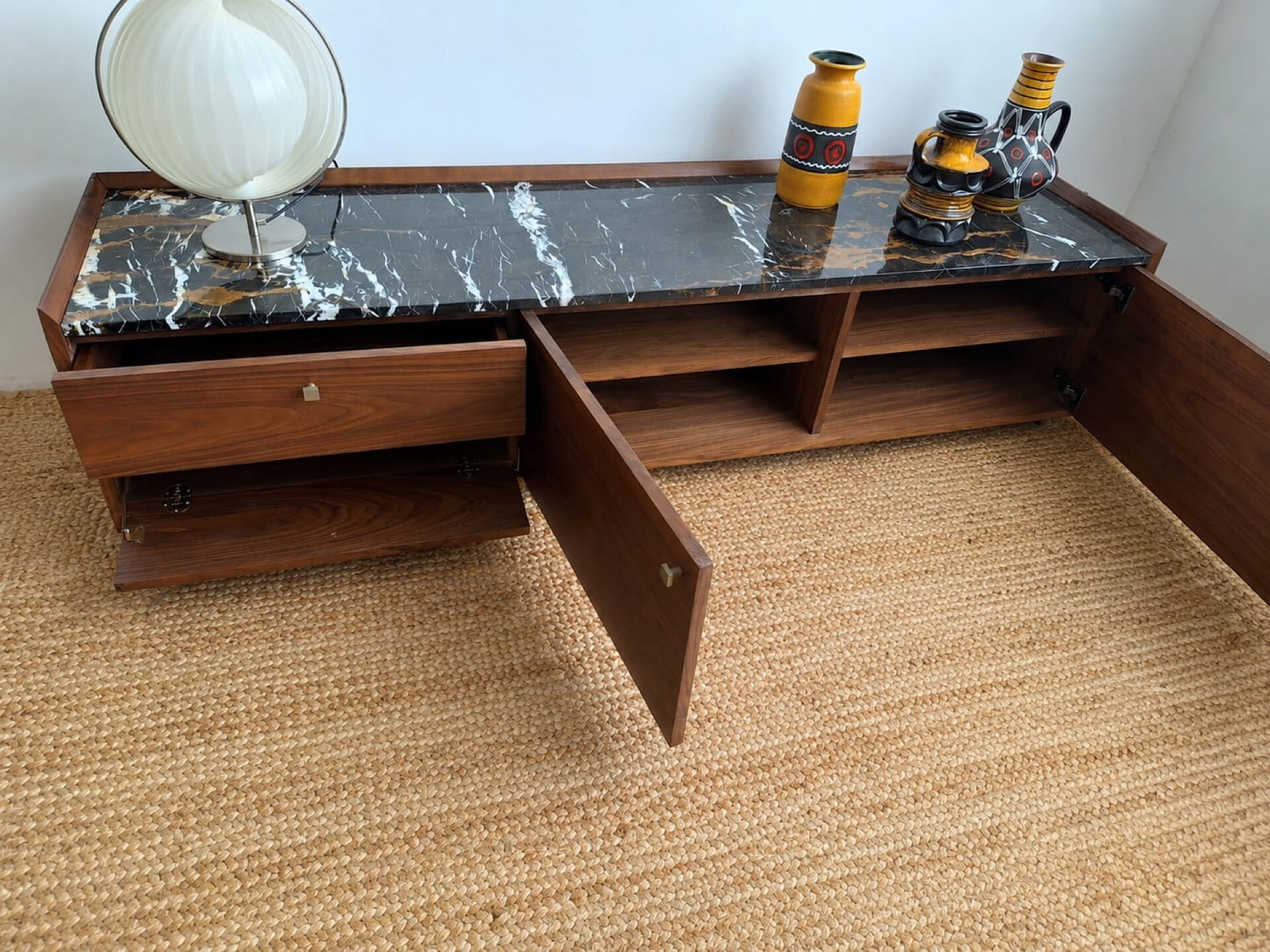 AMPM Noham TV unit, walnut sideboard with amber marble.