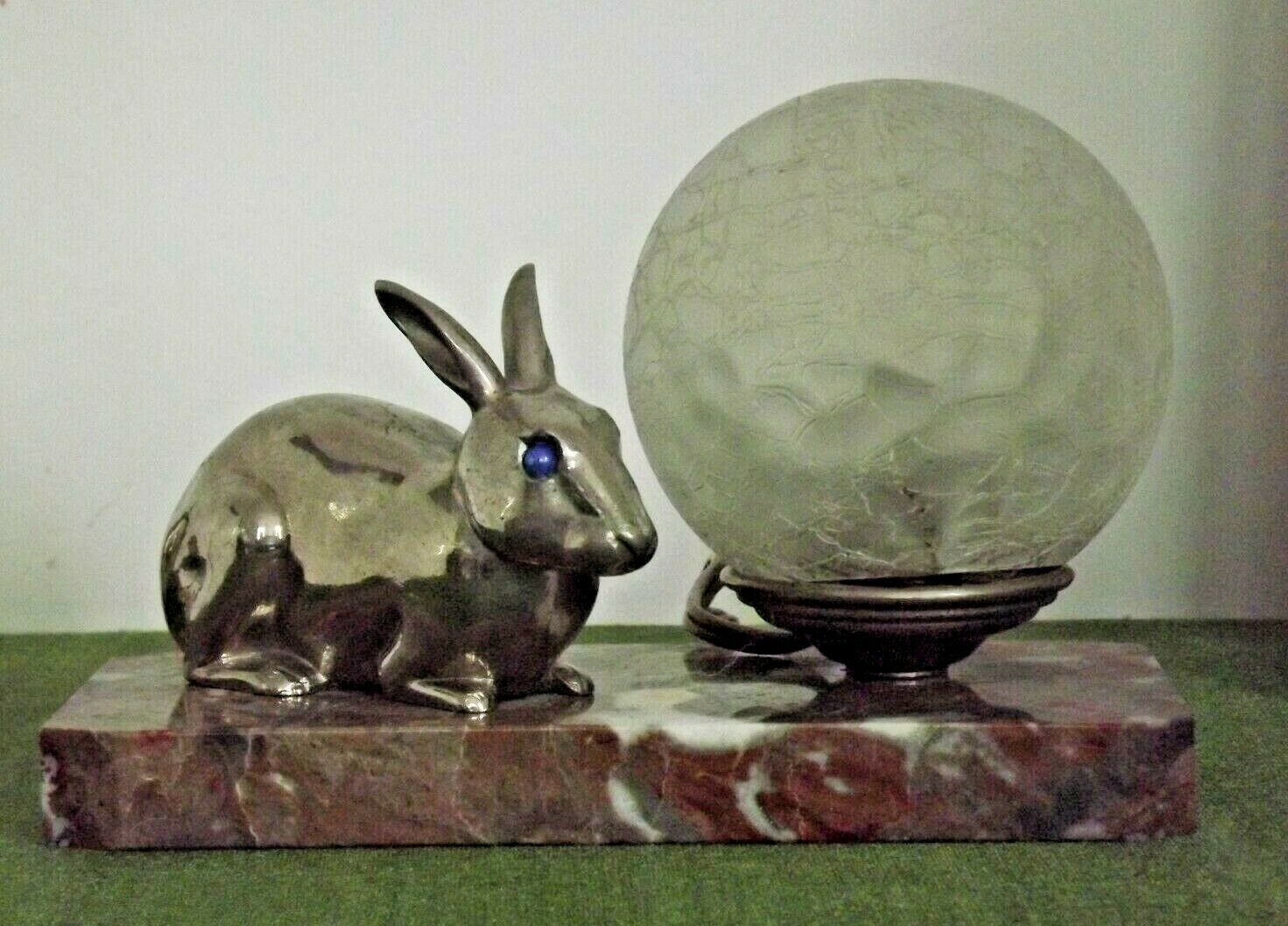 French Art Deco Lamp Marble Base Silver Metal Rabbit Crackle Ball Shade 3365