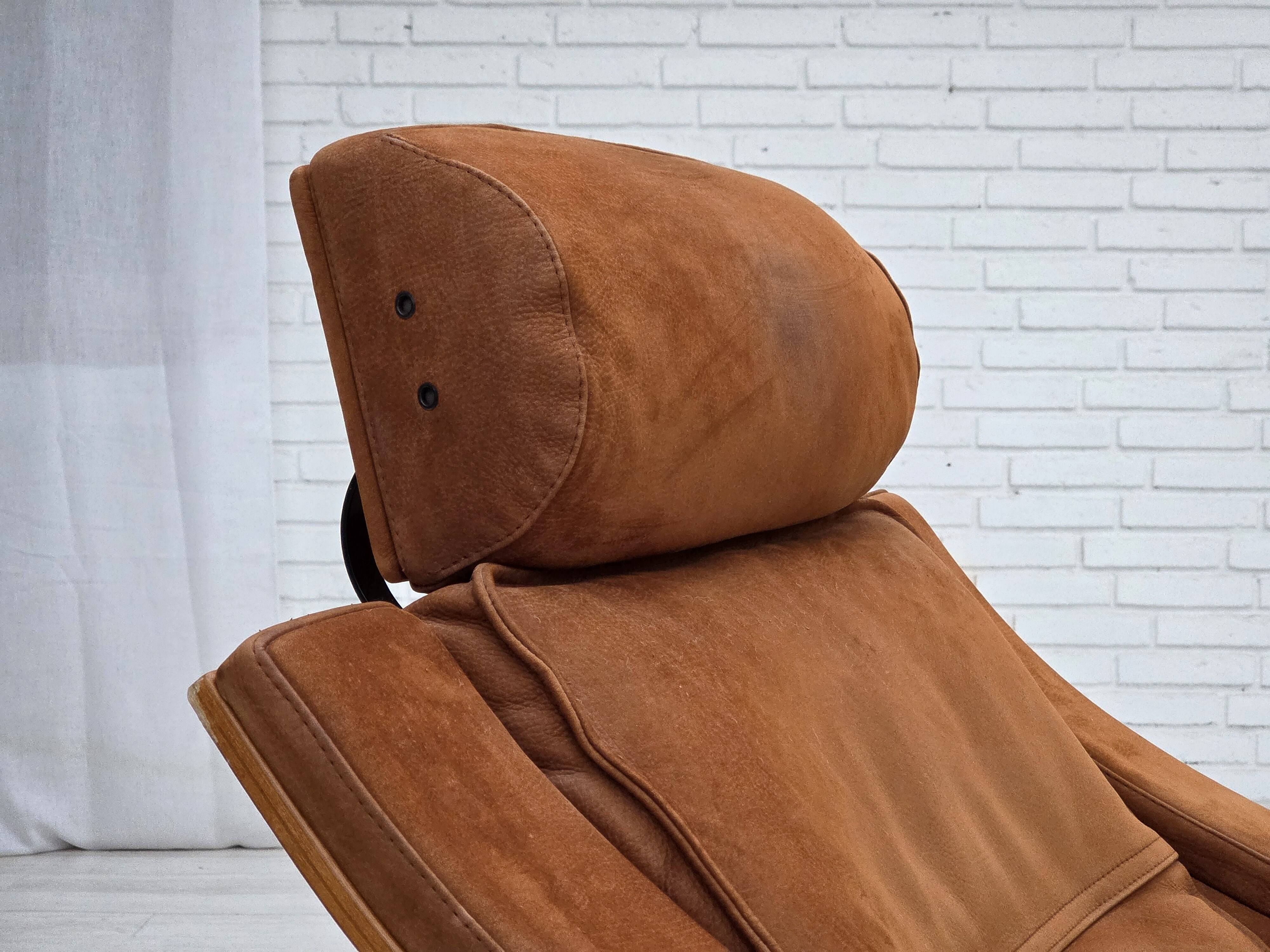 1980s, Swedish swivel armchair, nubuck leather, canvas, bent beech wood.