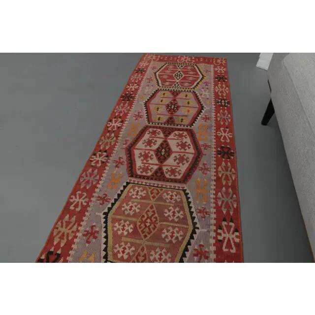 1970s Vintage Turkish Oushak Handmade Wool Cotton Red Runner Rug 70x354