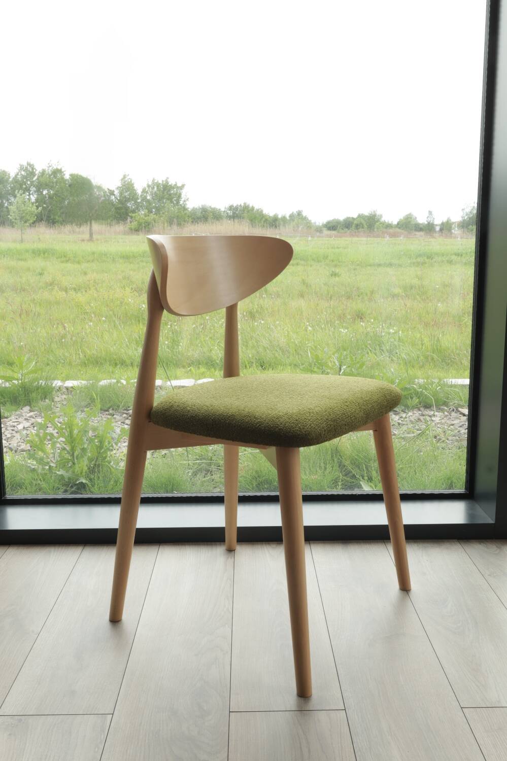 Natural Dining Chair with green upholstery, new modern design vintage style