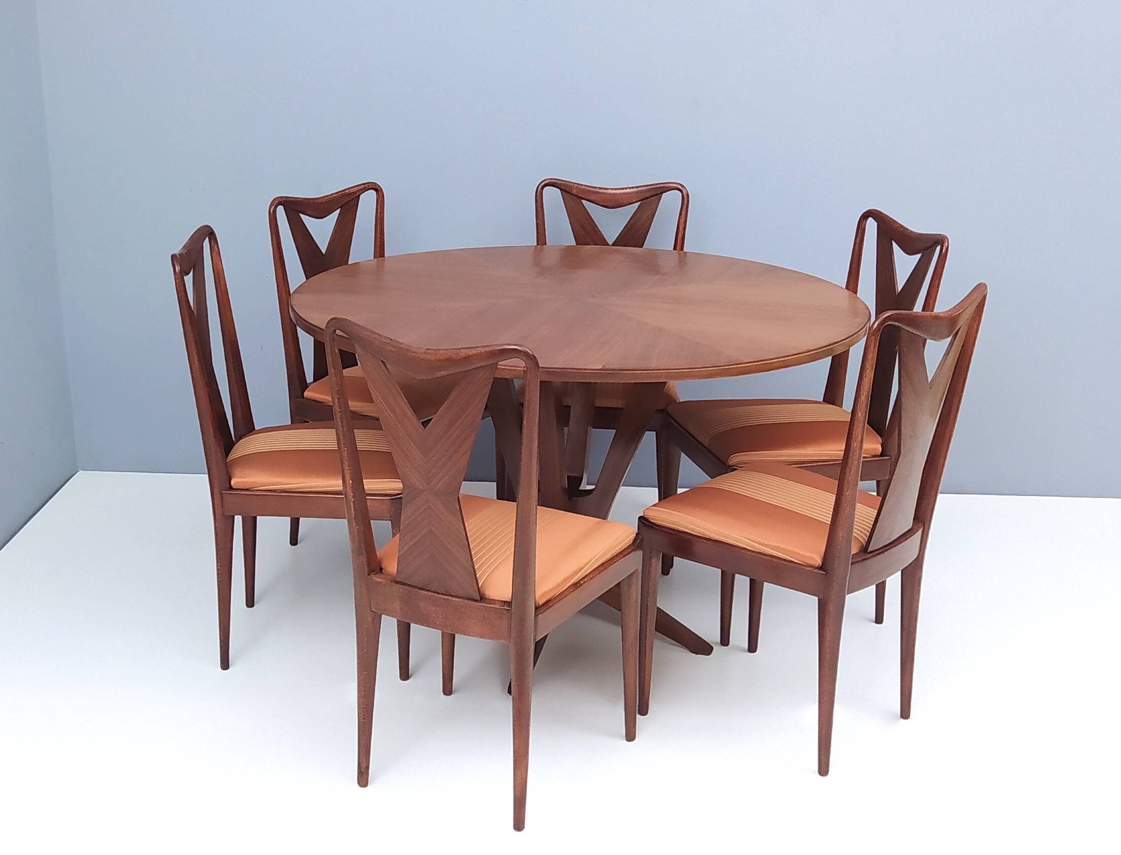 Set of Six Walnut Dining Chairs with Orange Fabric in the Style of Parisi