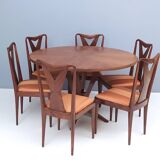 Set of Six Walnut Dining Chairs with Orange Fabric in the Style of Parisi