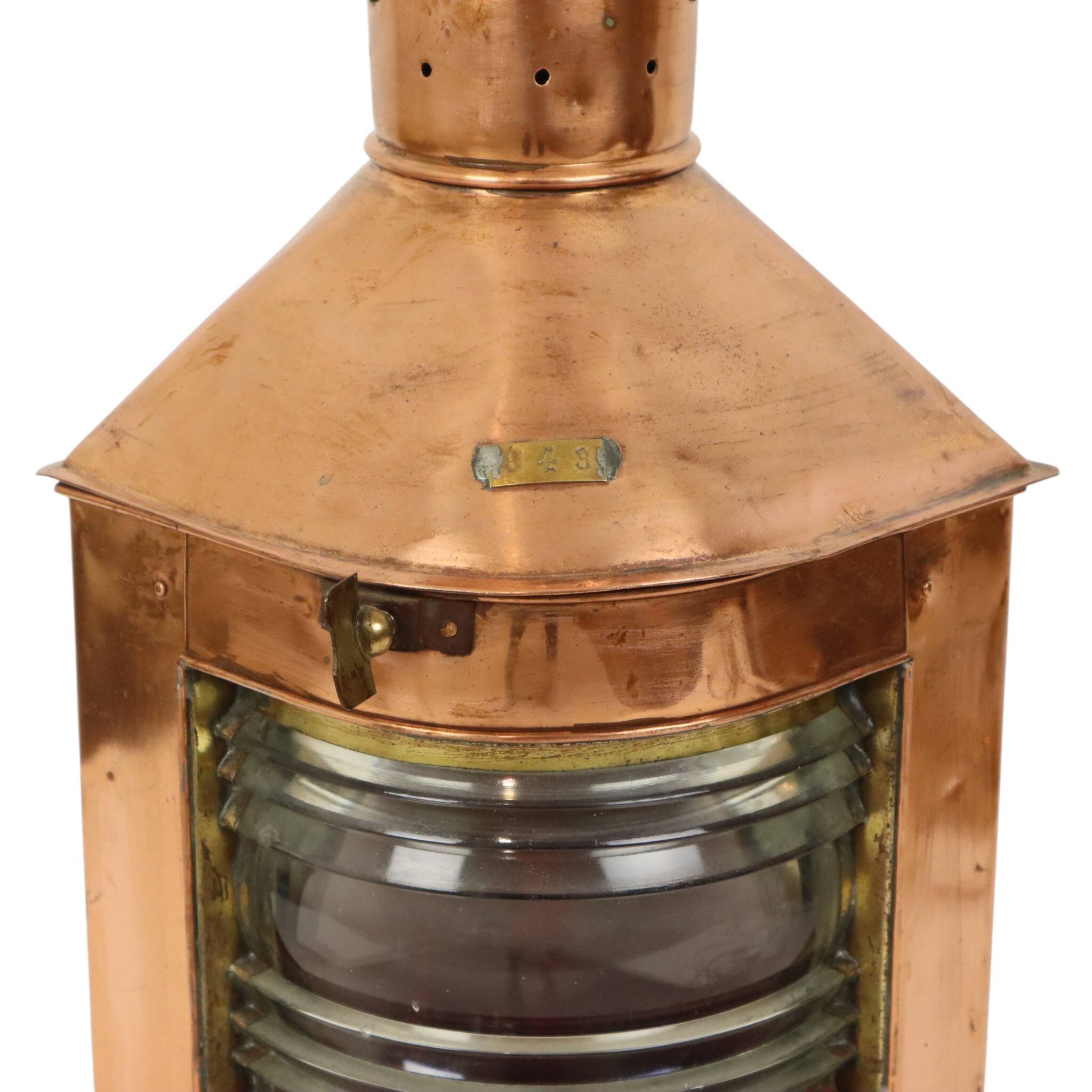 Large Vintage Ship's Lamp Red Copper Fresnel Lens 49cm