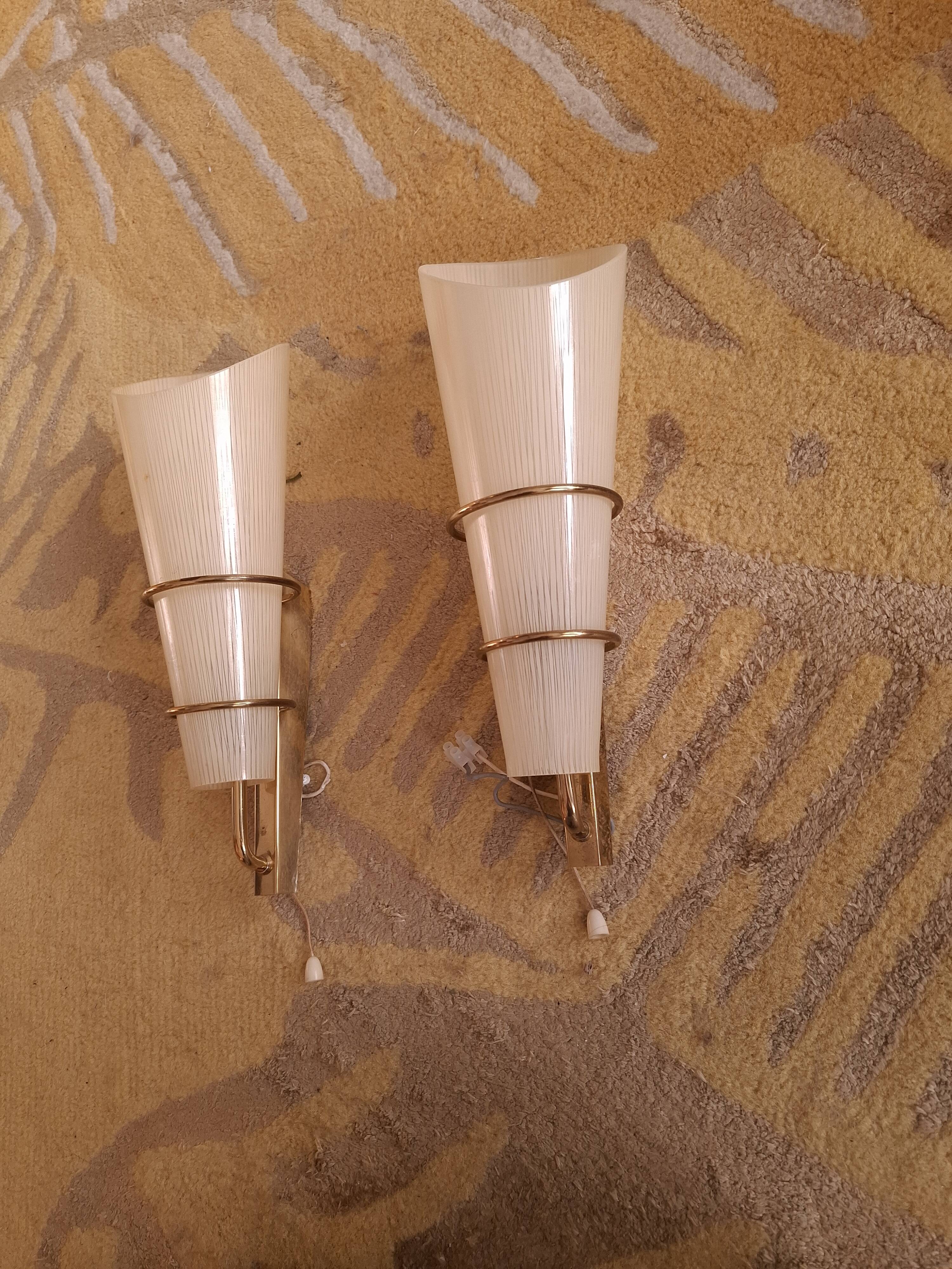 2 60's design wall lights in italian brass and glass