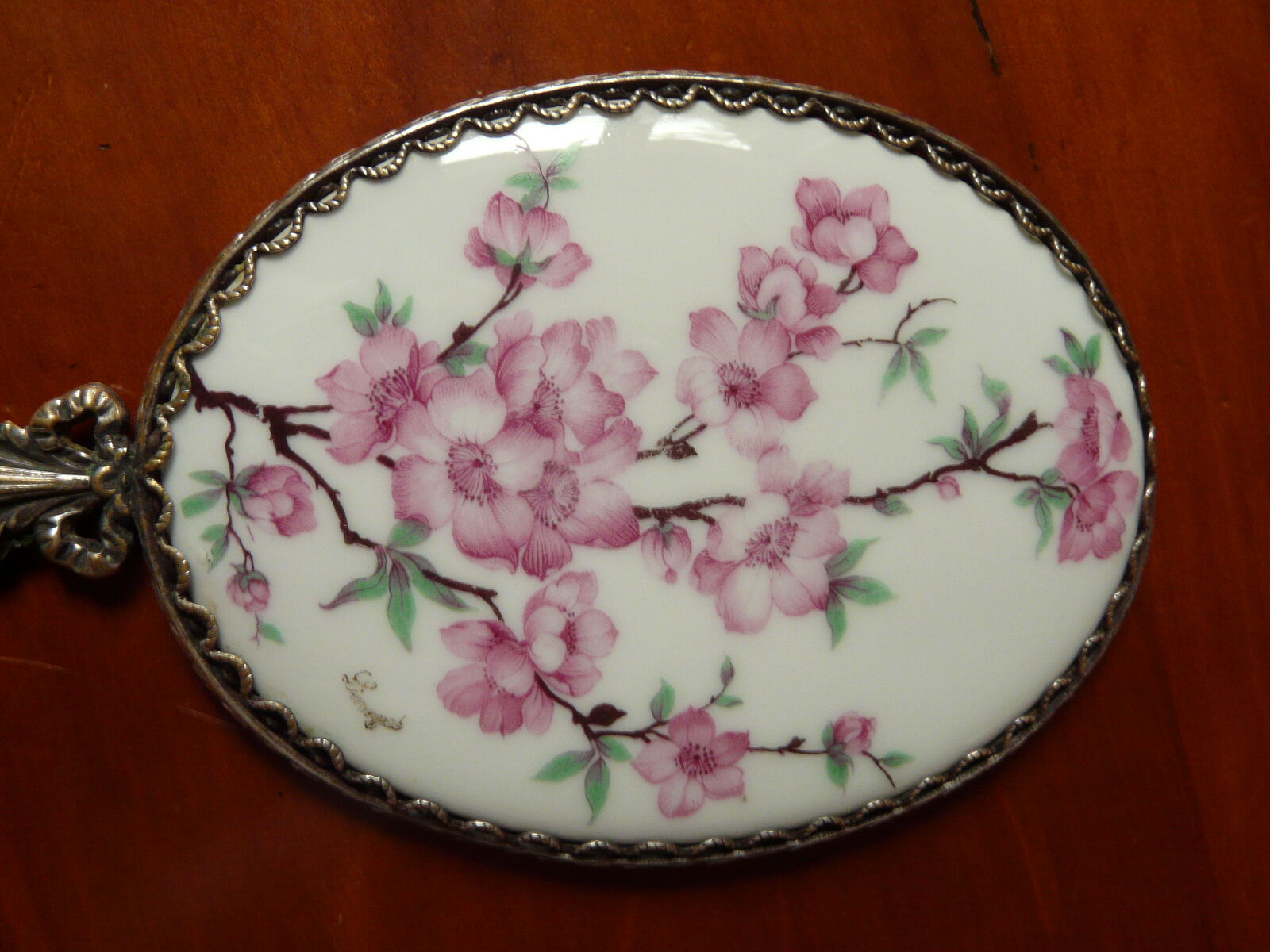 former silver bronze hand mirror - porcelain Limoges flower decoration