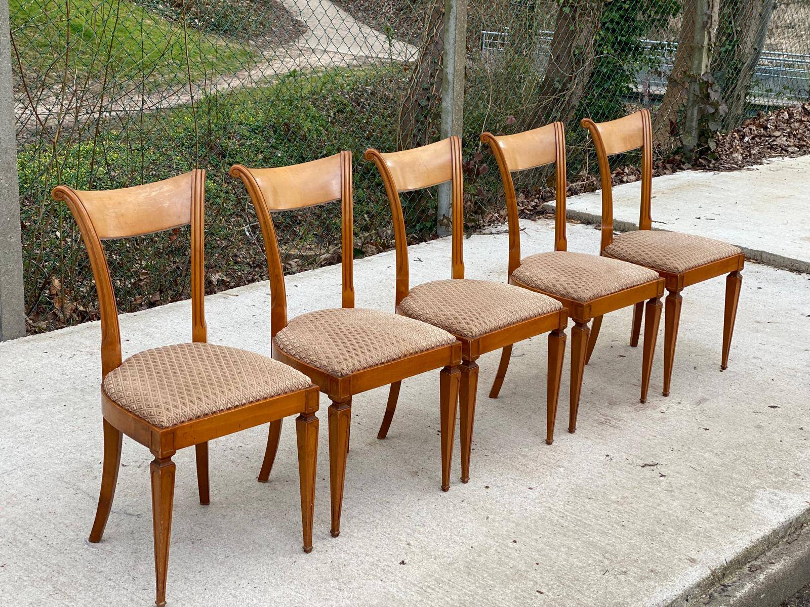 5 Louis XVI chairs in solid wood and beige tiled suede