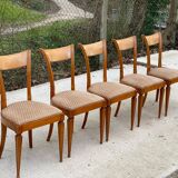 5 Louis XVI chairs in solid wood and beige tiled suede
